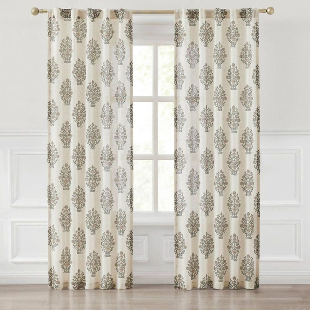 37"x84" Sofia Flower Block Bouquet Linen Textured Curtain Panels - Clay/Teal